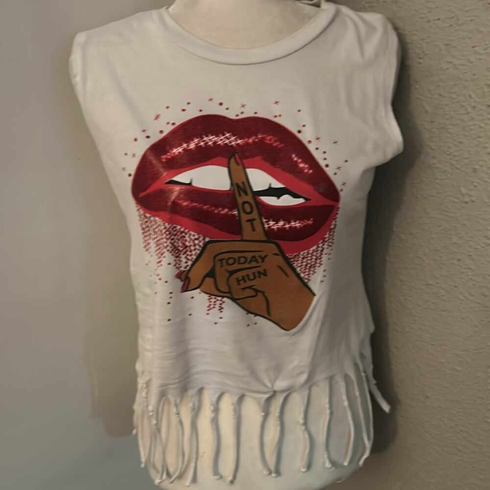 On Fire Not Today Fringed Tassel Muscle T-shirt M Festival Cowgirl Rocker Boho